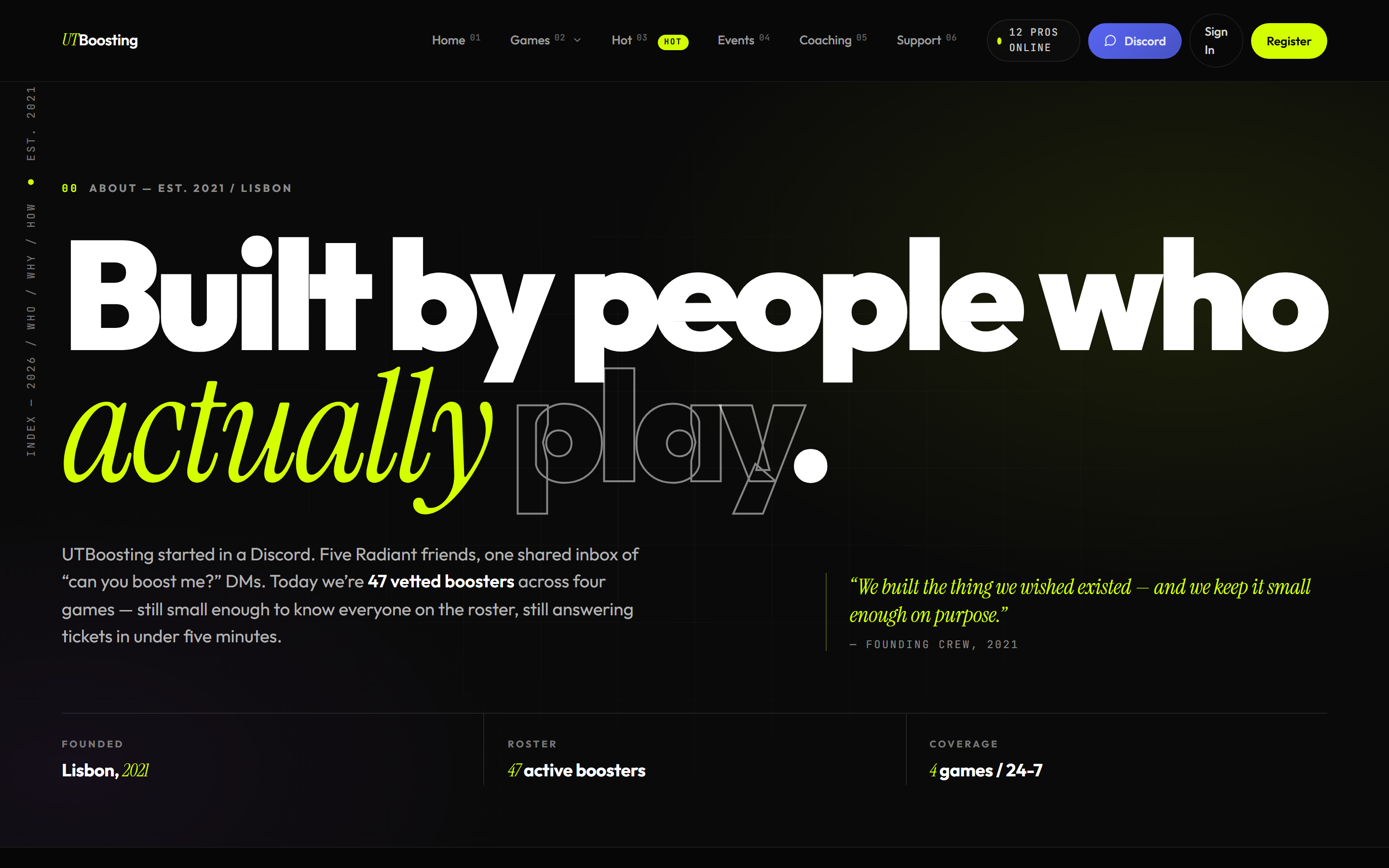 About page — wordmark, Discord CTA, services jump-off.